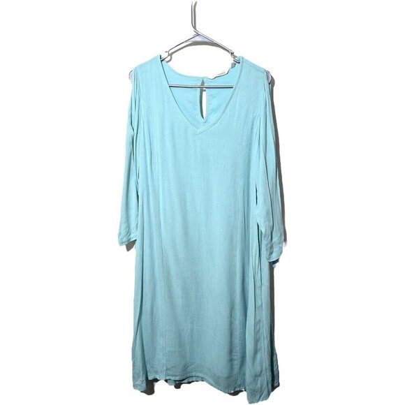 Soft Surroundings Dress M Crepe Blue Coastal Tropical Resort Boho Flowy Popover - Picture 1 of 12